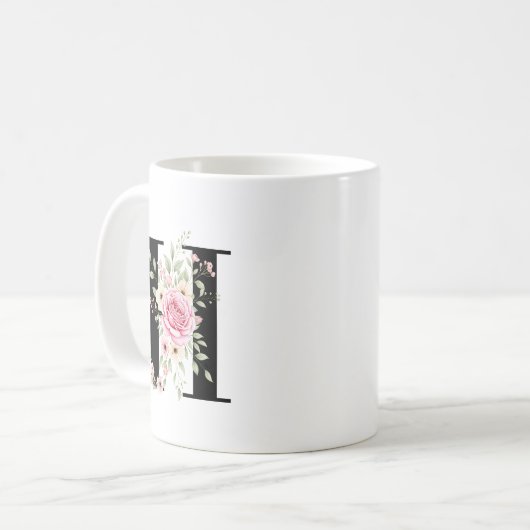 Elegant Alphabet Coffee Cup with Pink Rose Design コーヒーマグカップ (正面左)