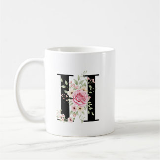 Elegant Alphabet Coffee Cup with Pink Rose Design コーヒーマグカップ