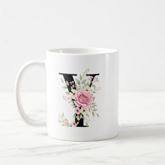 Elegant Alphabet Coffee Cup with Pink Rose Design コーヒーマグカップ