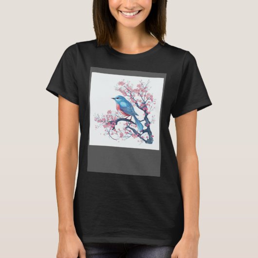 Elegant and Eye Catching Eastern Blue Bird on Blos Tシャツ (正面)