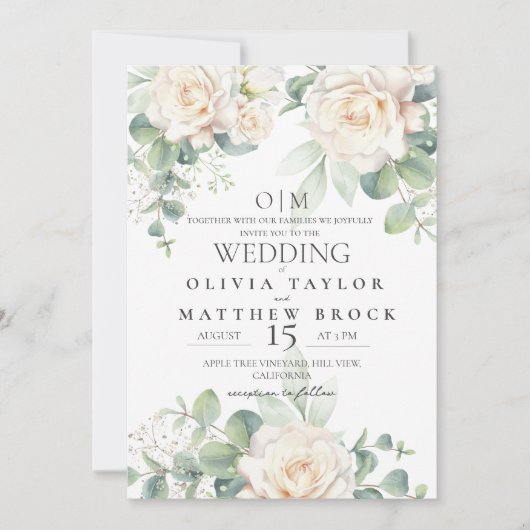 Elegant and soft White Roses Wedding 招待状 (正面)