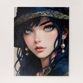 Elegant Anime Girl in Dark Blue Velvet Hat ジグソーパズル
