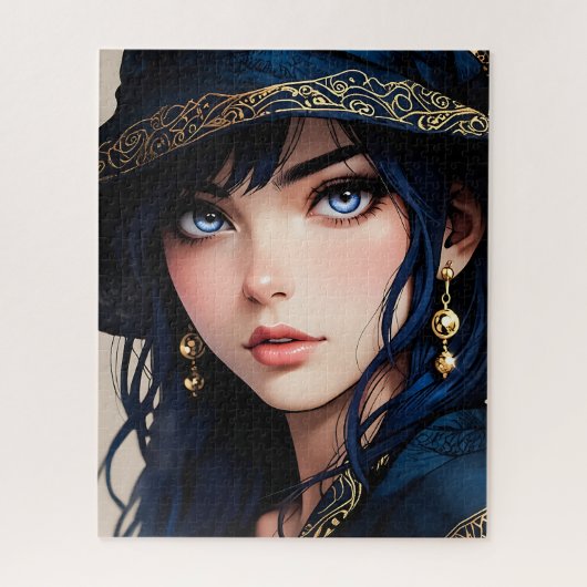 Elegant Anime Girl in Dark Blue Velvet Hat ジグソーパズル (縦)