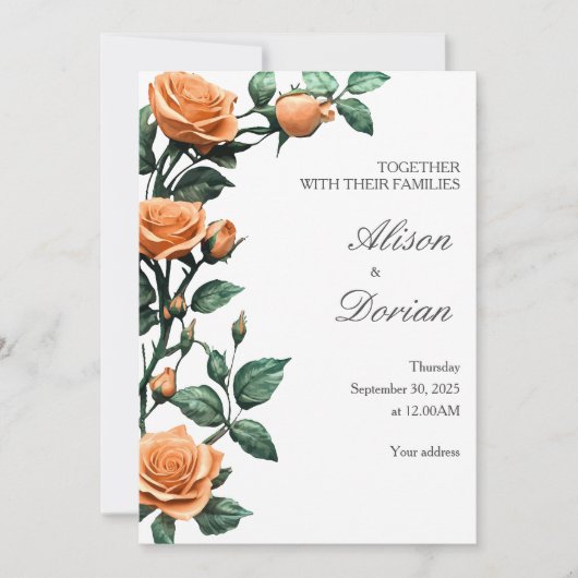 Elegant Apricot Orange Rose Floral Wedding 招待状 (正面)
