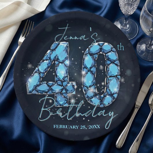 Elegant Aquamarine Blue Jewel 40th Birthday ペーパープレート