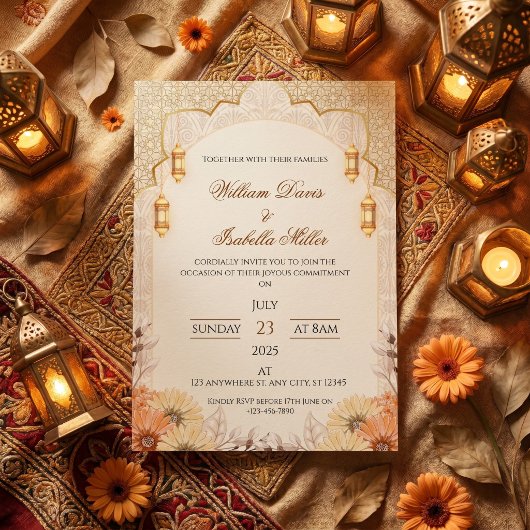 Elegant Arabic Lantern Floral Wedding Invitation 招待状