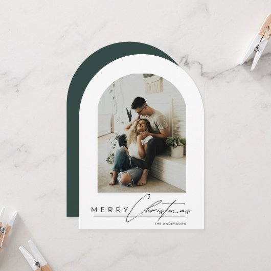 Elegant Arch 1 Photo Green Christmas Holiday Card 招待状 (正面/裏面インサイチュ)