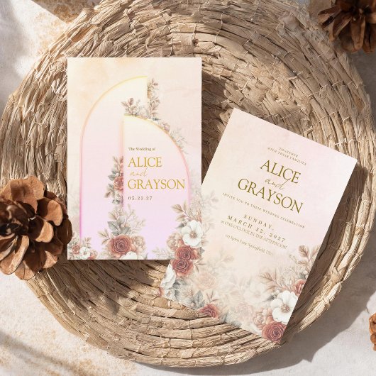 Elegant Arch Boho Floral Pink Modern Wedding  招待状