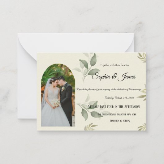 Elegant Arch Greenery Wedding Invitation with Phot ノートカード (正面)