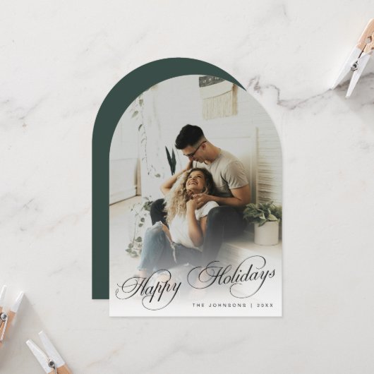 Elegant Arch Photo Green Christmas Holiday Card 招待状 (正面/裏面インサイチュ)