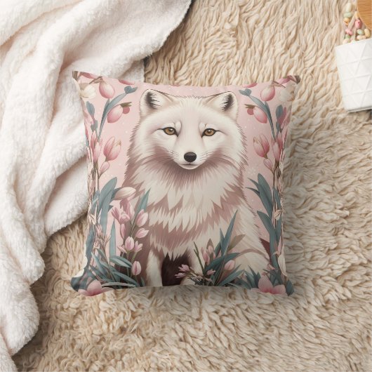 Elegant Arctic Fox Pink Floral クッション (ブランケット)