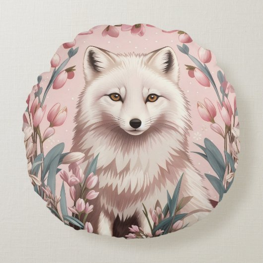 Elegant Arctic Fox Pink Floral ラウンドクッション (正面)