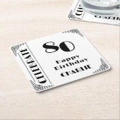 Elegant Art Deco Black & White 80th Birthday Party スクエアペーパーコースター (アングル)