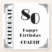 Elegant Art Deco Black & White 80th Birthday Party スクエアペーパーコースター (正面)