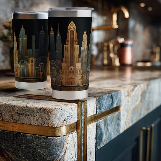 Elegant Art Deco City Skyline in Gold on Black  保温保冷タンブラー