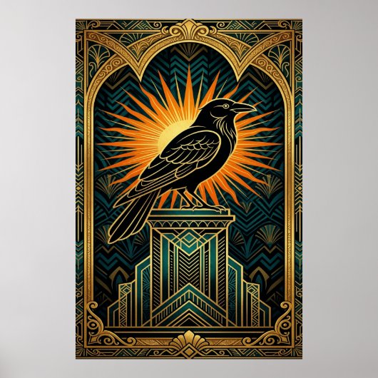 Elegant Art Deco Crow Silhouette Gold & Black ポスター (正面)