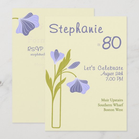 Elegant Art Deco Floral Lavender 80th Birthday  招待状 (正面/裏面)