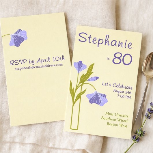 Elegant Art Deco Floral Lavender 80th Birthday  招待状
