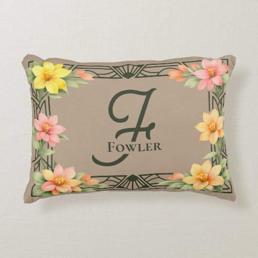 Elegant Art Deco Floral Monogram Family Name アクセントクッション (正面)