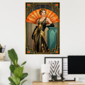 Elegant Art Deco Gatsby Woman Portrait Gold ポスター (ホームオフィス)