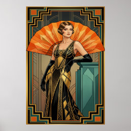 Elegant Art Deco Gatsby Woman Portrait Gold ポスター