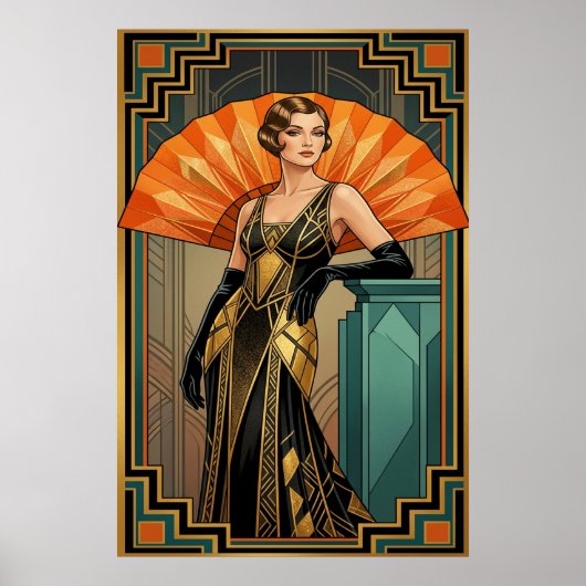 Elegant Art Deco Gatsby Woman Portrait Gold ポスター (正面)