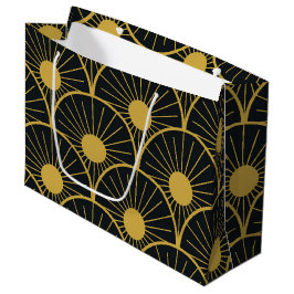 Elegant Art Deco Gold Sun Pattern on Black  ラージペーパーバッグ