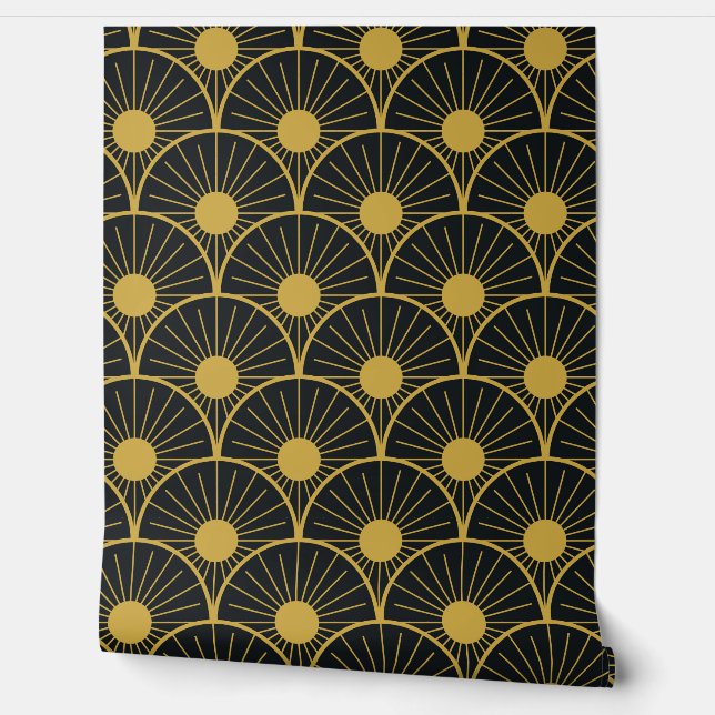 Elegant Art Deco Gold Sun Pattern on Black  壁紙 (ほどく)