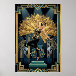 Elegant Art Deco Maple Tree Silhouette Gold ポスター