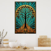 Elegant Art Deco Maple Tree Silhouette Gold Teal ポスター (キッチン)