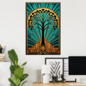 Elegant Art Deco Maple Tree Silhouette Gold Teal ポスター (ホームオフィス)