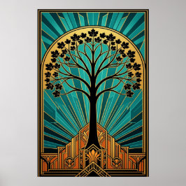 Elegant Art Deco Maple Tree Silhouette Gold Teal ポスター