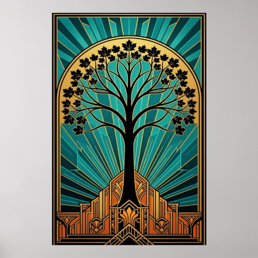 Elegant Art Deco Maple Tree Silhouette Gold Teal ポスター (正面)