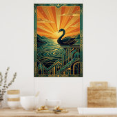 Elegant Art Deco Swan Sunset Lake ポスター (キッチン)