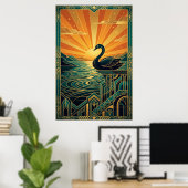 Elegant Art Deco Swan Sunset Lake ポスター (ホームオフィス)
