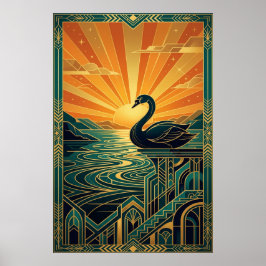Elegant Art Deco Swan Sunset Lake ポスター