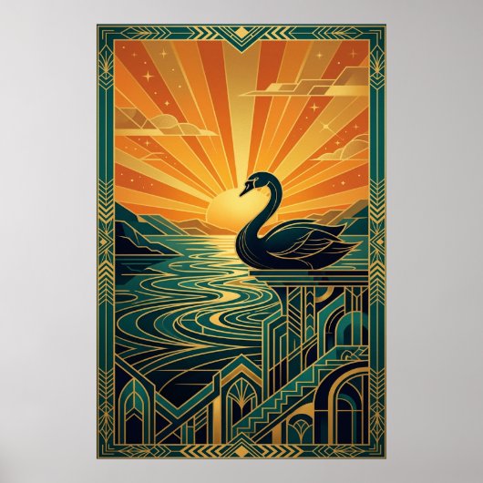 Elegant Art Deco Swan Sunset Lake ポスター (正面)