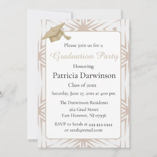Elegant Art Deco Tan and White Graduation Party  招待状