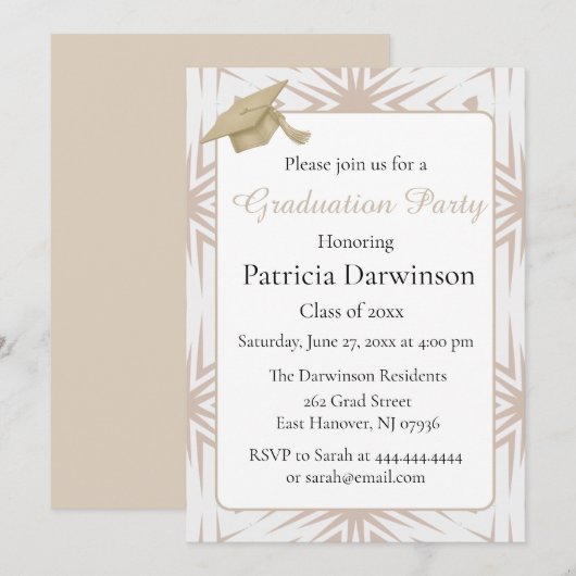 Elegant Art Deco Tan and White Graduation Party  招待状 (正面/裏面)