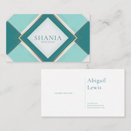 Elegant Art Deco Teal Geometric Diamond Gold Line 名刺 (正面/裏面)