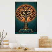 Elegant Art Deco Tree Silhouette Gold & Teal Poste ポスター (キッチン)