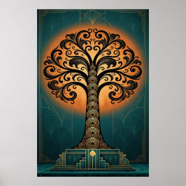 Elegant Art Deco Tree Silhouette Gold & Teal Poste ポスター