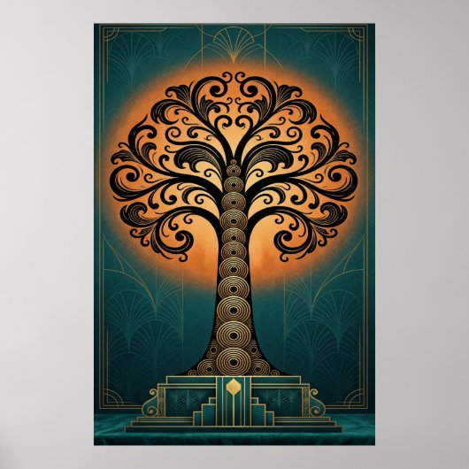 Elegant Art Deco Tree Silhouette Gold & Teal Poste ポスター (正面)