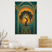 Elegant Art Deco Weeping Willow Gold & Teal Poster ポスター (キッチン)