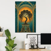 Elegant Art Deco Weeping Willow Gold & Teal Poster ポスター (ホームオフィス)