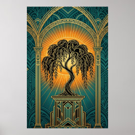 Elegant Art Deco Weeping Willow Gold & Teal Poster ポスター