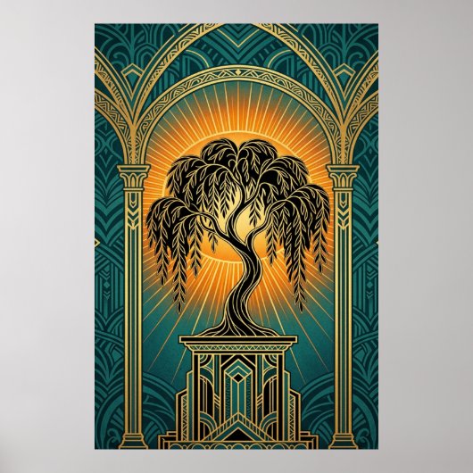 Elegant Art Deco Weeping Willow Gold & Teal Poster ポスター (正面)