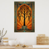 Elegant Art Deco Willow Tree Sunset Gold ポスター (キッチン)