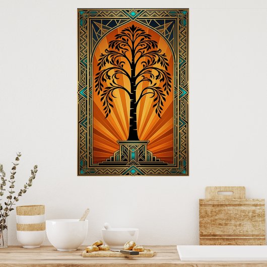 Elegant Art Deco Willow Tree Sunset Gold ポスター (キッチン)