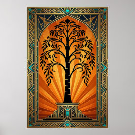 Elegant Art Deco Willow Tree Sunset Gold ポスター